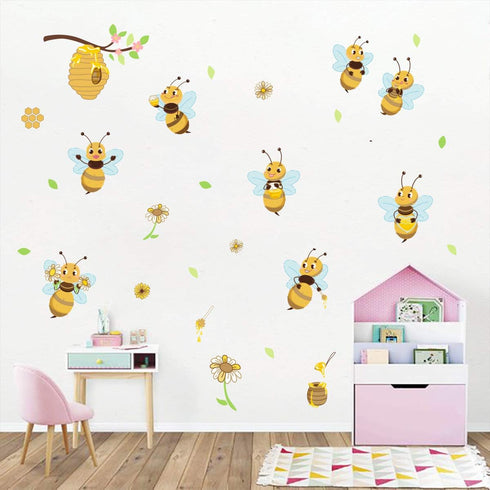 Yellow Bee Wall Stickers, Flower Beehive Branch Wall Decals Art Decor for Kids Bedroom Nursery Playroom