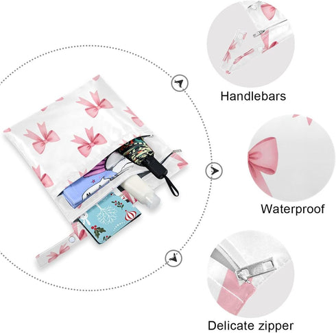 Haskirky 2 Pink Bows Ribbons Pcs Cloth Diaper Wet Dry Bags,Waterproof and Washable Bag for Travel Reusable Wet Bag