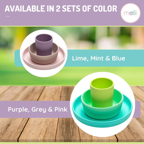 melii Non-Suction Silicone Plate, Bowl and Cup Set for Toddlers, Kids and Children (Purple, Grey, Pink)