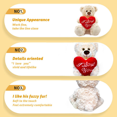 ''I Love You'' White Teddy Bear with Heart Plush Toy, Soft Stuffed Animal Gift for Mom Dad Anniversary