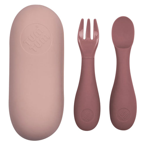 TUM TUM Baby Cutlery with Case, Baby Spoon & Fork Set, Silicone Baby Cutlery for 6 Months Plus, Pink