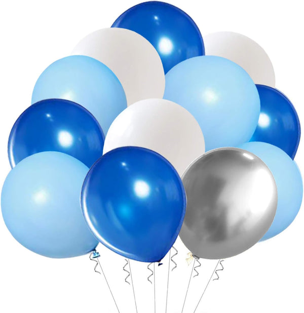 Blue Silver White Latex Balloons, 50pcs 12 inch Metallic Balloons for Birthday Wedding Party Decoration