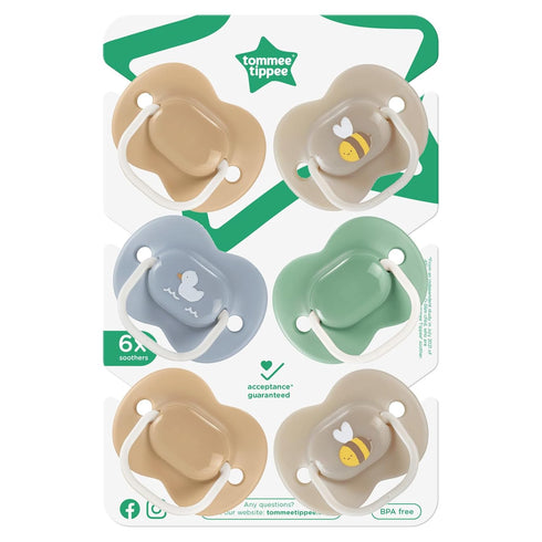 Tommee 18-36 Symmetrical Pack 6 Tippee Anytime Matte Pacifiers, Months, Baglet, BPA-Free Binkies, Blue/Green/Grey