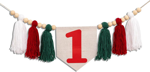 1st Christmas First Birthday High Chair Banner - Oh What Fun it is to be One Highchair Banner, Red and Green Birthday