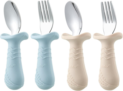 PandaEar Baby Toddler Fork and Spoon Utensil Set, 6 Pack Silicone Stainless Steel Silverware, BPA Free