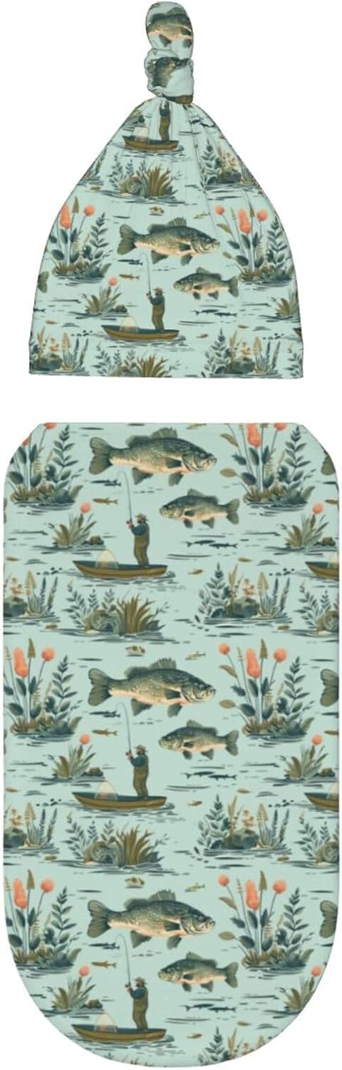 Sets Fisher and Bass Fishes Newborn Swaddle Blankets Hat Soft Baby Receiving Blanket Swaddle Sack for Baby Shower