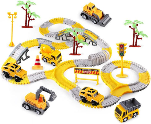 KEXBOVT 305PCS Construction Race Tracks for Kids Toys, 2 Electric Toy Cars,4Construction Cars,
