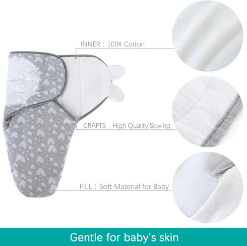Biloban Baby Swaddles 0-3 Months - Warm Quilted Adjustable Swaddle Blanket for Boy Girls, Lovely Grey Hearts