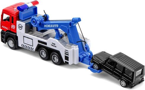 haomsj Toy Tow Truck - Pull Back Miniature Carrier Truck for Boys and Girls with Lights and Sound
