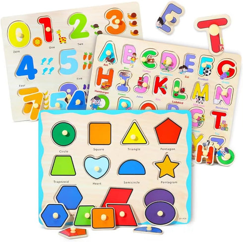 GRINNNIE Wooden Montessori Toddler Puzzles, 3 Pcs Number, Letter, Shape Educational Peg Puzzle Set
