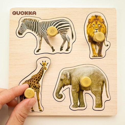 QUOKKA Wooden Puzzles for Toddlers 1-3 - 4 Set Animal and Birds Pegged Learning Toy for Kids Gift