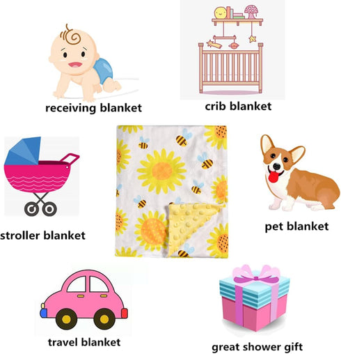 Super Soft Minky Baby Blanket, Yellow Bee and Sunflower with Dotted Backing for Newborns Nursery Stroller