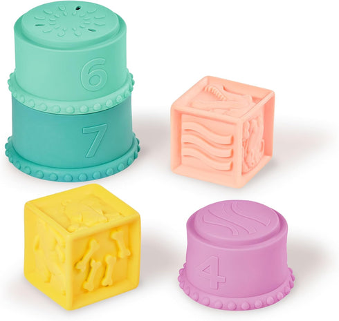 6+ B. toys Sensory Baby Toys Soft Baby Blocks Stacking Drip Cups Numbers, Shapes & Animals Months Stackin' Squishies