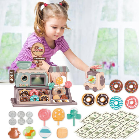 yoliyogo 34pcs Playset Pretend Play Donut Toy Candy Store Toy Realistic Functional Donut Oven with Lights and Sound