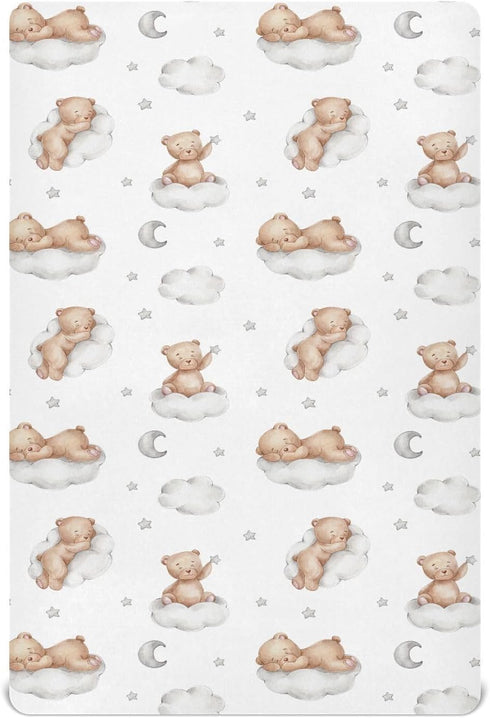 KICPOAY Fitted Crib Sheets White Bears with Clouds Stretchy Portable Playard Sheets for