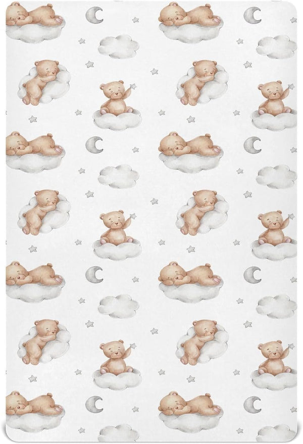 KICPOAY Fitted Crib Sheets White Bears with Clouds Stretchy Portable Playard Sheets for
