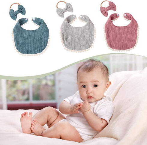 Baby Bib Bow Headband, Newborn Bandana Drooling Teething Muslin Saliva Towel, Adjustable Cotton Gauze Lace Bib