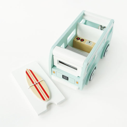 Le Toy Van Wooden Holiday Campervan with Detachable Surfboard, Suitable for Ages 3 and Up