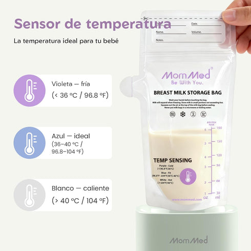 MomMed 6oz (200 Count) Breast Milk Storage Bags with Color-Changing Temperature Indicator - Self-Standing No-Leak