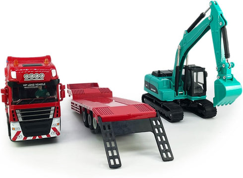 Flatbed Truck Toy with Crawler Excavator - Metal Diecast Construction Vehicles 2 in 1 Vehicle Playset for Boys