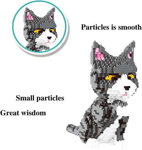 Mini Cat Building Blocks Set, 3D Puzzle Toy Bricks for Kids or Adults, 1300PCS Micro Mini Blocks (Cat Gray)