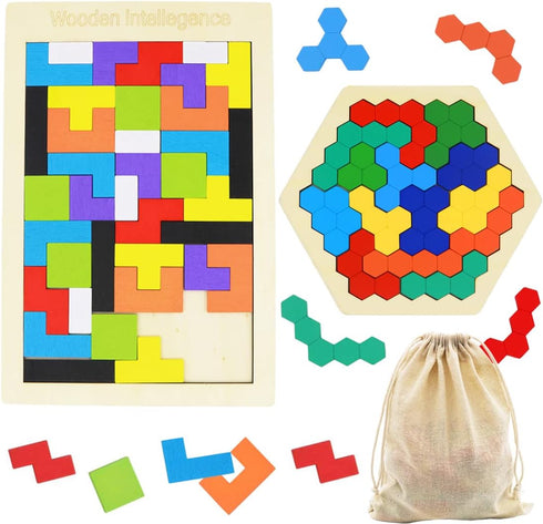 2 Pack Wooden Russian Blocks Puzzle + Hexagon Puzzles, Intelligence Brain Teasers Toy for Kids & Adults