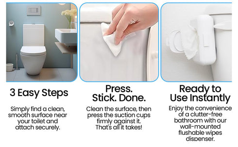 Discreet Flushable Wipes Dispenser Fits STANDARD Size Flushable Wipes Only No-Drill Suction Mount, Hygienic Low-Profile