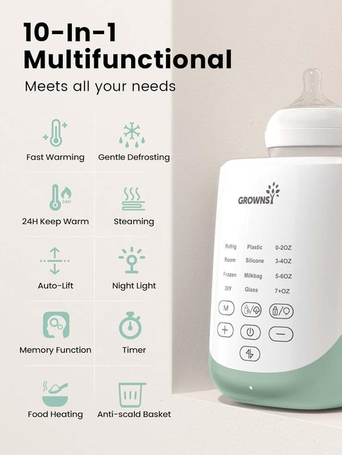10-in-1 Grownsy Nutri Bottle Warmer with Innovative Auto-Lift Feature, Fast Baby Bottle Warmer with Night Light, Retain