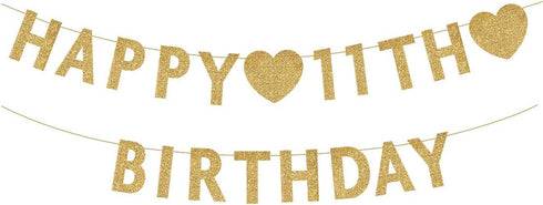 Gold Happy 11th Birthday Banner, Glitter Decorations for 11 Years Old Boy or Girl Party Supplies