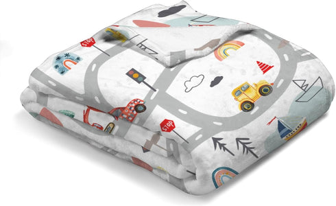 Cartoon Road Car Vehicles Baby Blanket, City Roadway Truck Boat Mountain Forest, Soft Swaddle Blanket 30x40