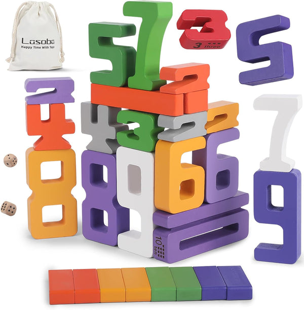 Lasoba Wooden Number Building Blocks, Large Digit Blocks 1-10, 30 Pcs Math Blocks