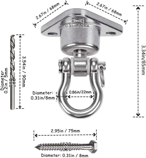 Stainless Steel Hanger with Smooth Swing Bearings - Heavy Duty 180°+360° Swivel Hook, 1500 lb Capacity for Hammock Chair