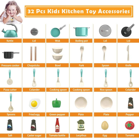 Bruvoalon 32Pcs Kids Play Kitchen Toys Set - Toddlers Pretend Cooking Playset with Pots, Pans, Utensils, Foods