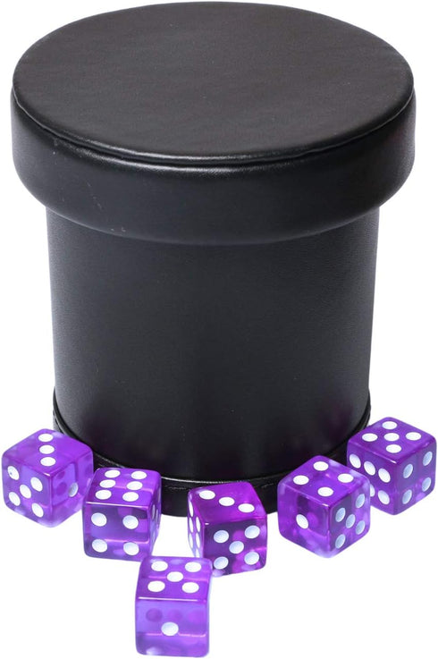 PU Leather Dice Cup with Lid, Purple Velvet Interior Quiet Shaker Cup Including 6 Purple Translucent Dice