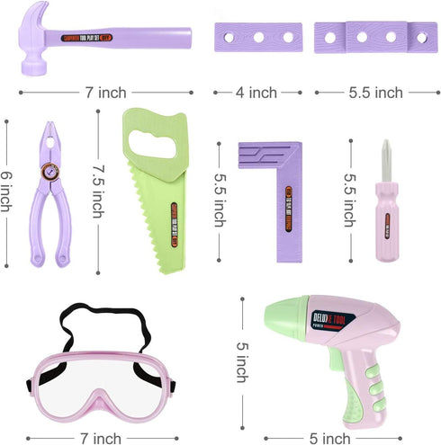 Set 18-Pc 3 4 5 6 7 8 Kids Tool with Electronic Toy Drill & Construction Goggles, Safe ABS Toddler Tool Box & STEM