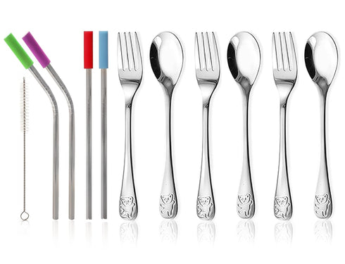 15 Pieces Toddler Kids Utensils Set, Stainless Steel Safe Baby Utensils, 3 Toddler Forks, 3 Toddler Spoons