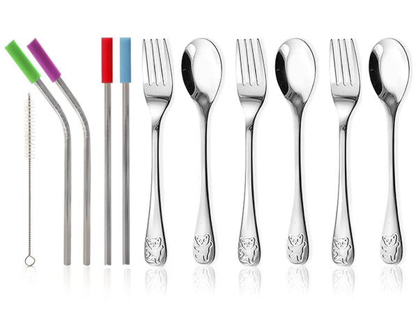 15 Pieces Toddler Kids Utensils Set, Stainless Steel Safe Baby Utensils, 3 Toddler Forks, 3 Toddler Spoons
