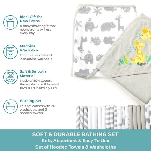 Set 23-Piece Set, GBA23 0501) Spasilk Bath Hooded Towels & Washcloths for Babies, Gift Grey, (Gift