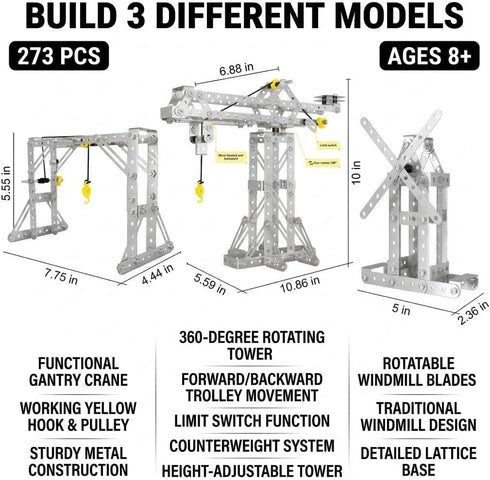 PANPAPA 273pcs 3 1 Set,Erector Sets 8-12,DIY Metal Building Toys, in Tower Crane & Frame Crane & Windmill Metal Model