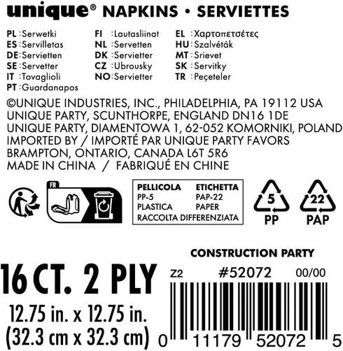 Multicolored Construction Party Luncheon Napkins, 16-Pack for Kids' Birthdays & Building-Themed Events