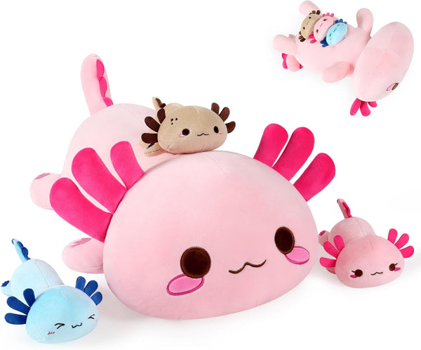 Onsoyours Axolotl Stuffed Animal Mommy 19.7" with 3 Baby Axolotl Plushies in