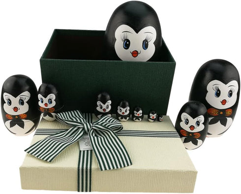 Apol Lovely Penguin with Bowtie Handmade Wooden Russian Nesting Dolls Set, 10 Pieces in a Box