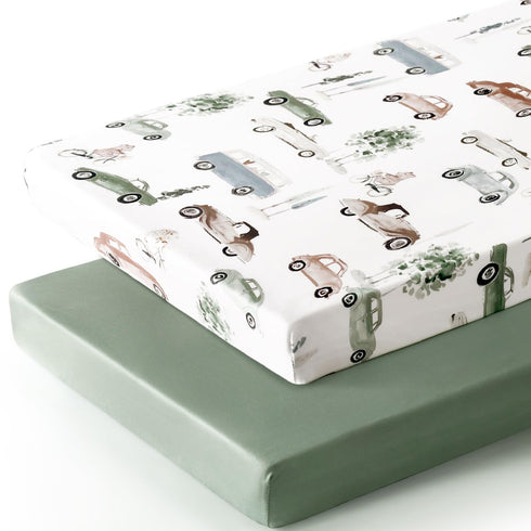 GRSSDER Pack n Play Sheets FItted 2 Pack, Stretchy Ultra Soft Jersey Knit Pack and Play Sheets, Universal Fitted Portable/Mini Crib Mattresses Snug and Safe, Neutral Pattern of Cars Print by GRSSDER