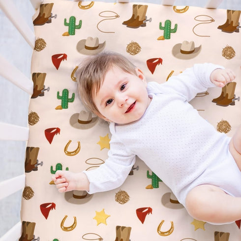 FIGEPO 4 Pack Western Cowboy Crib Sheets Neutral Breathable Fitted Baby Sheets Nursery Sheets for Baby Boys or Girls