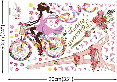 Girl Bicycle Wall Stickers, Flowers Eiffel Tower Wall Decals Mural for Kids Bedroom Living Room
