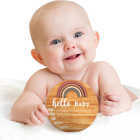 Wooden Baby Birth Announcement Sign Rainbow Baby Name Sign with Marker Pen Baby Arrival Sign Welcome Newborn Sign