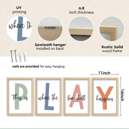 YWJKWLGS 16"x11" Set 4 This Is Where The Fun Stuff Happens Kids Playroom Wall Decor of Nursery Interesting Modren Wood