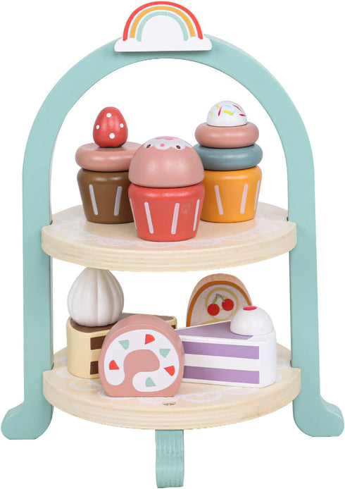 MIKNEKE Wooden Dessert Cake Play Food Set Toys, Pretend Play Kids Tea Party