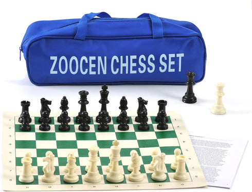 Plastic Chess Set with Green Roll-Up Vinyl Chess Board - Foldable Game with Extra Queen