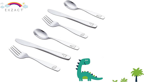 Exzact Kids Flatware 6 Pieces Stainless Steel Silverware, 2 Forks, 2 Knives, 2 Spoons, Toddler Utensils, Dishwasher Safe